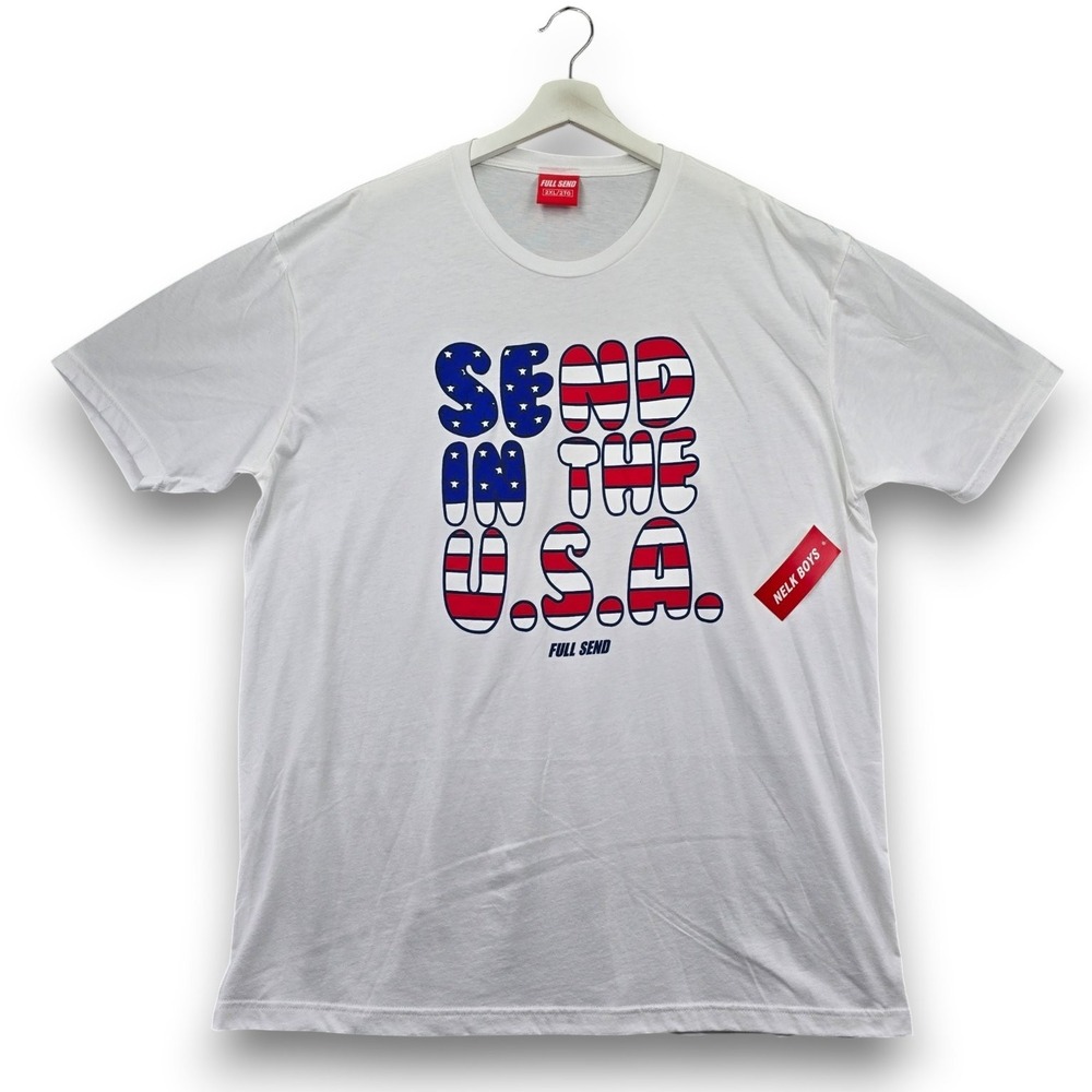 FULL SEND Mens 2XL White T-Shirt Cotton Blend Graphic Tee Send in the USA Flag